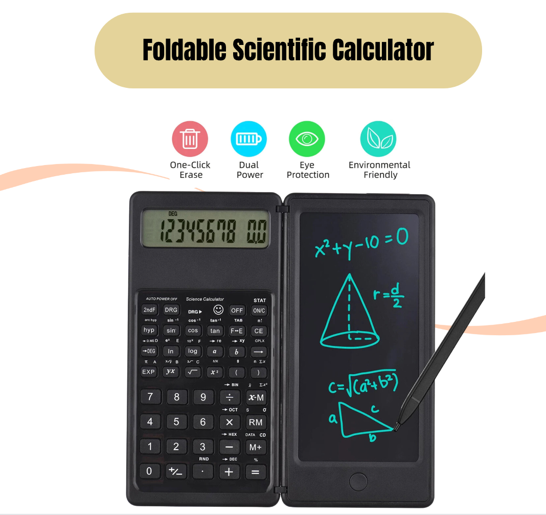 10-Digit Foldable Calculator with Large Display and Erasable Writing Tablet - Digital Math Tool