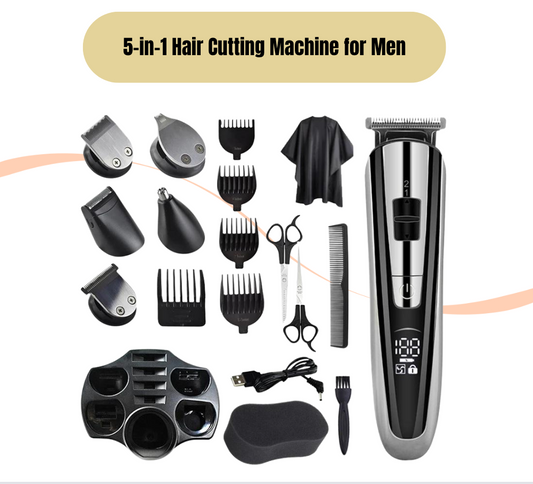 5-in-1 Hair Cutting Machine for Men - Multifunctional Trimmer for Nose, Ears, and Beard - Rechargeable