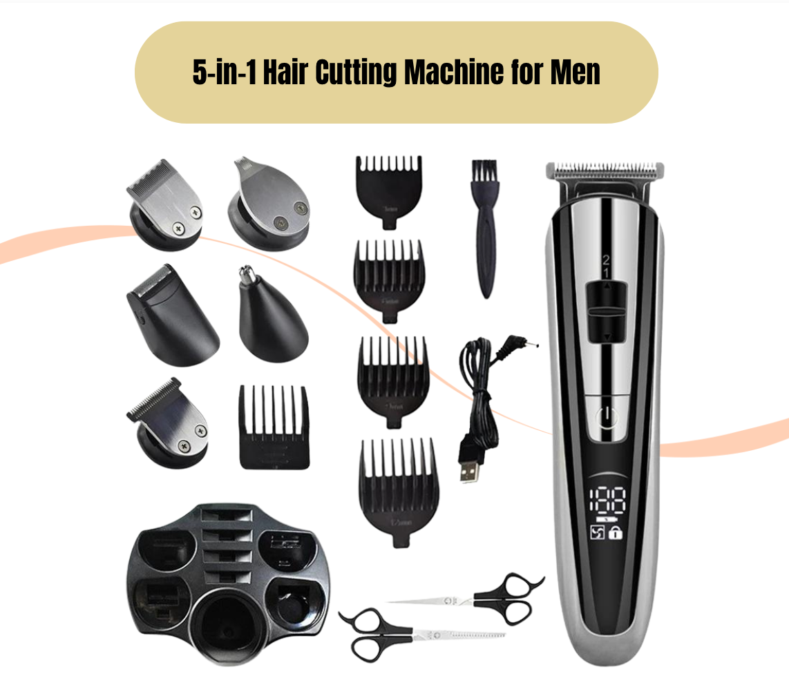 5-in-1 Hair Cutting Machine for Men - Multifunctional Trimmer for Nose, Ears, and Beard - Rechargeable
